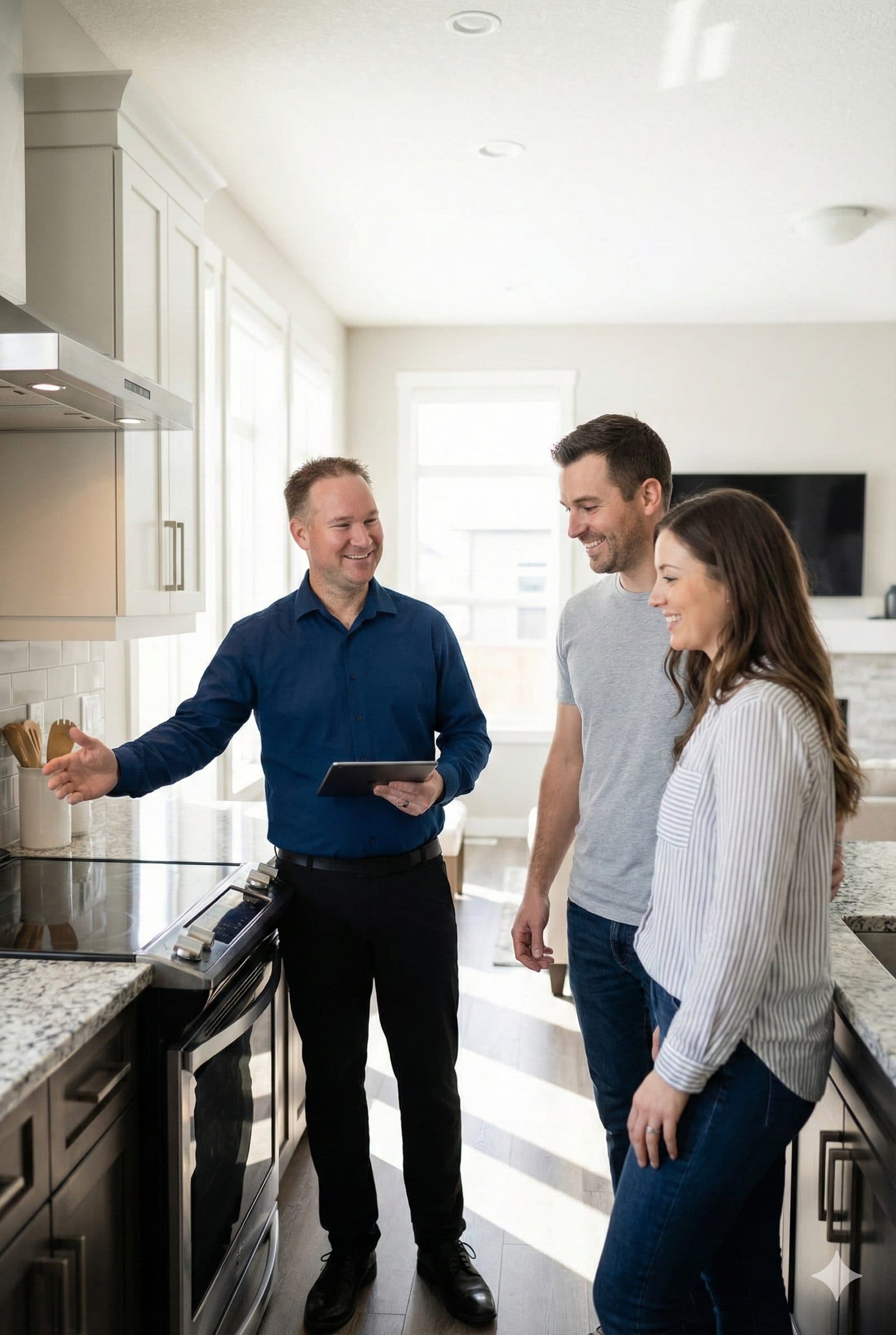 Dave Maund guiding sellers through a bright, staged kitchen