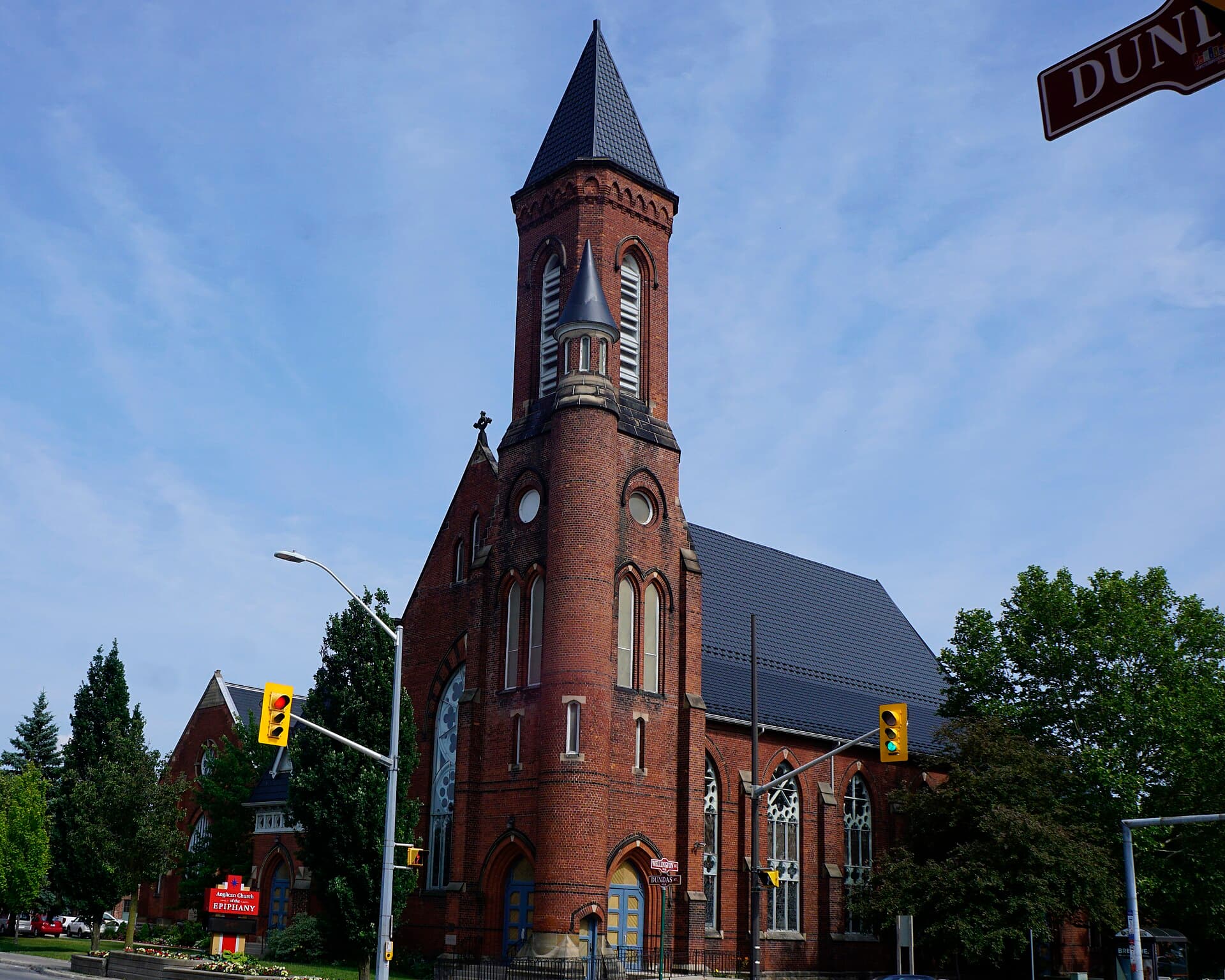 The red-brick Church of the Epiphany at the corner of Dundas Street, Woodstock